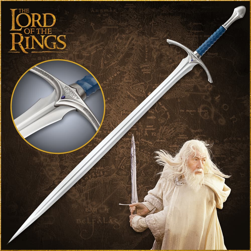 The Lord of the Rings Narsil sword is shown in full detail, hanging from wooden wall plaque and with a closer look at the leather wrapped handle. image number 0