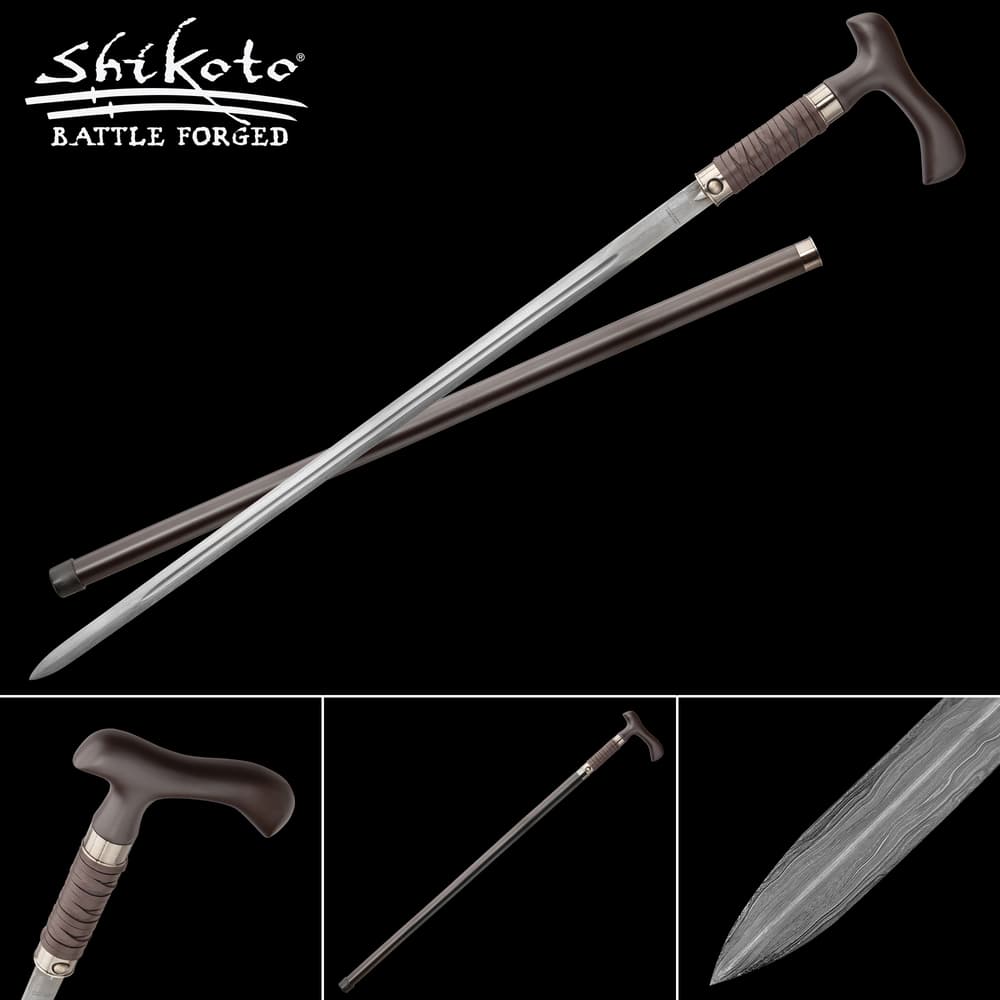 Shikoto sword cane has leather wrapped handle, matching with the cane scabbard. image number 0