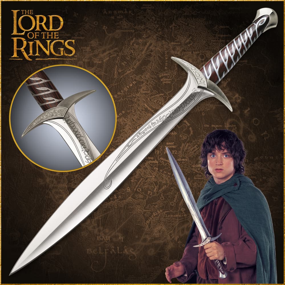 The Lord of the Rings Sting sword, carried by Frodo Baggins, is shown in full detail with runes engraved across the piece. image number 0