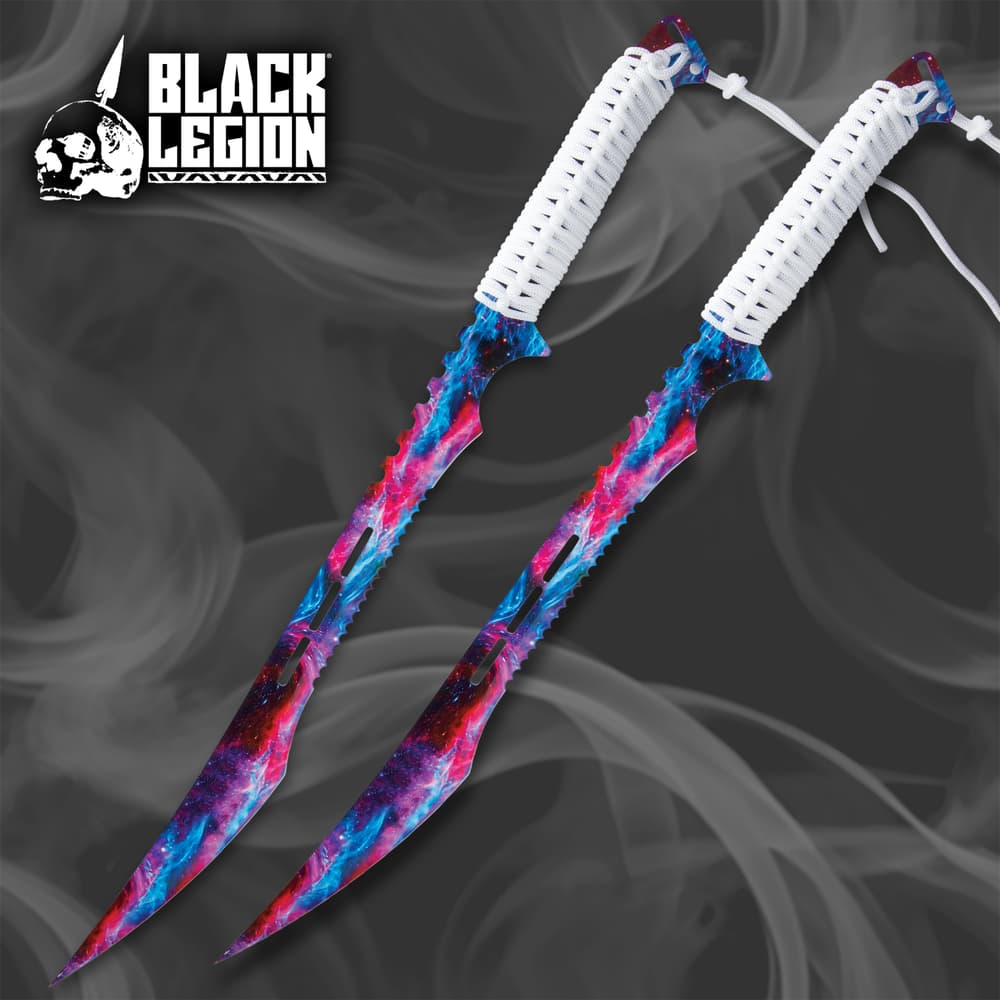 Two colorful swords with white handles on a smoky background image number 0