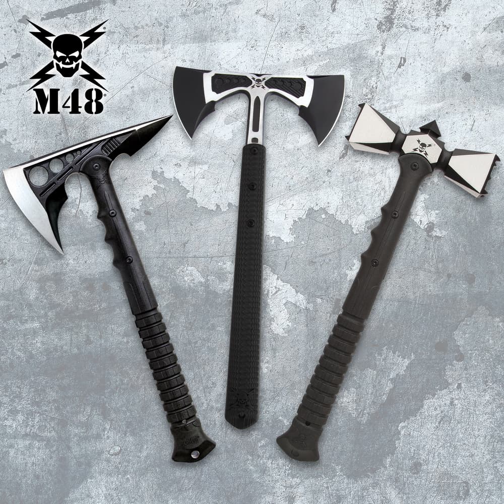 Three tactical axes with black handles on a textured background image number 0