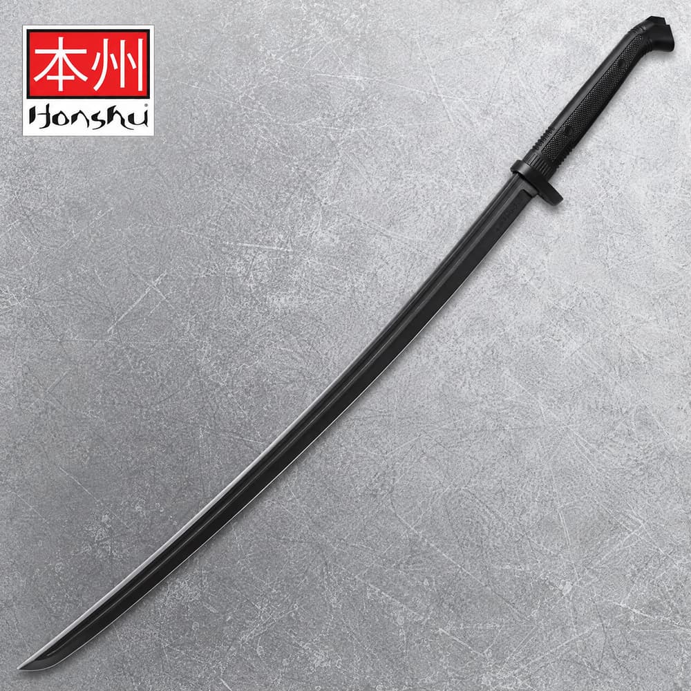 Black katana with textured handle on a gray background image number 0
