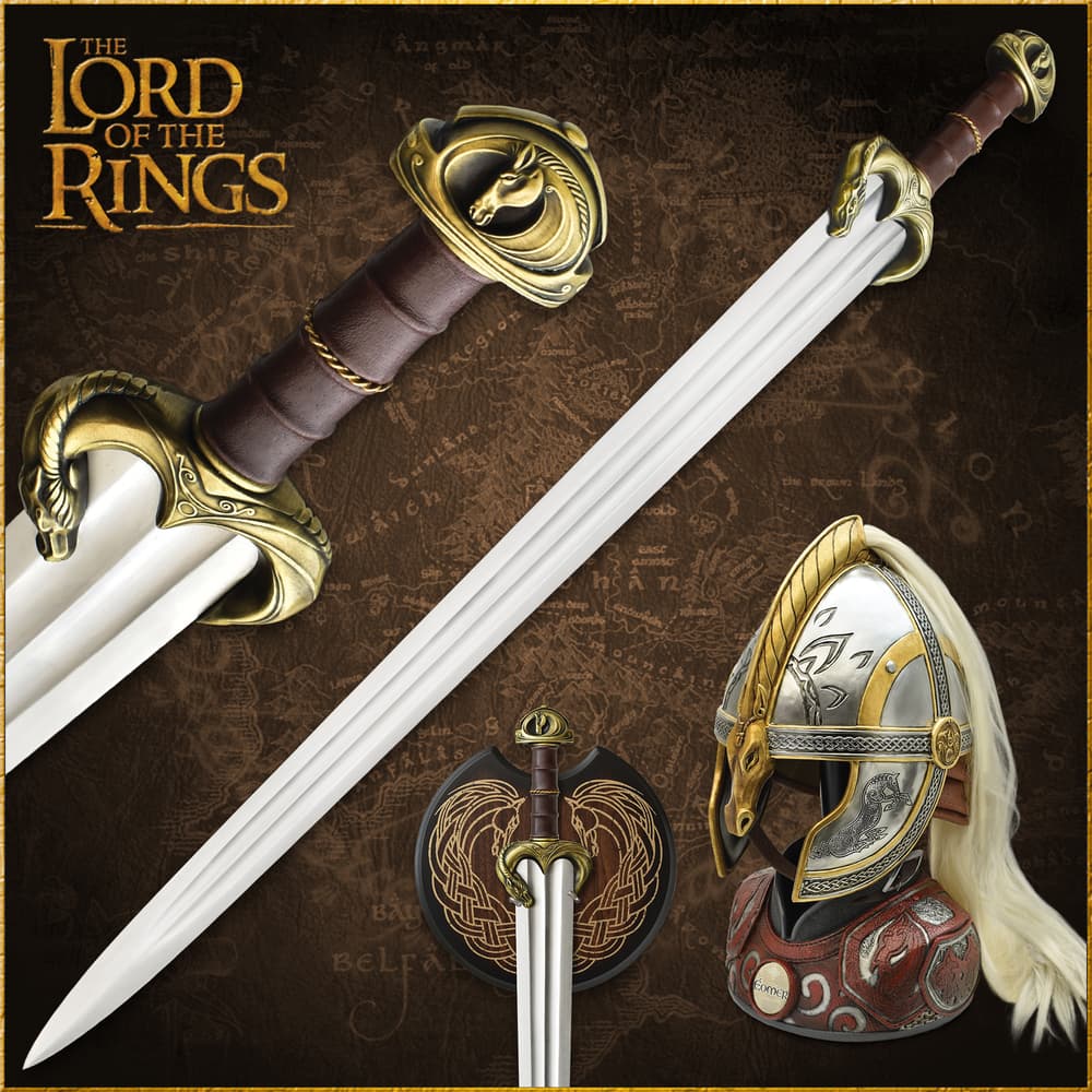 Sword and helmet from The Lord of the Rings with intricate designs image number 0