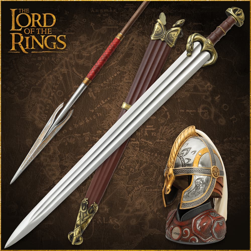 Sword, spear, and helmet on a map background image number 0