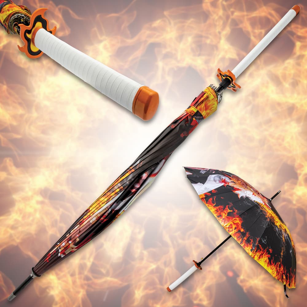 Multiple images showing a close up angle of the handle and full angles of the Demon Slayer Rengoku Umbrella opened and closed. image number 0