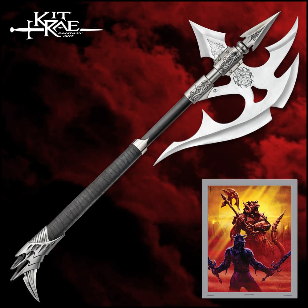 Kit Rae war axe shown with blade and back spike, black wrapped leather grip with spiked end and “Agnemmel’s Nemesis” artwork. image number 0