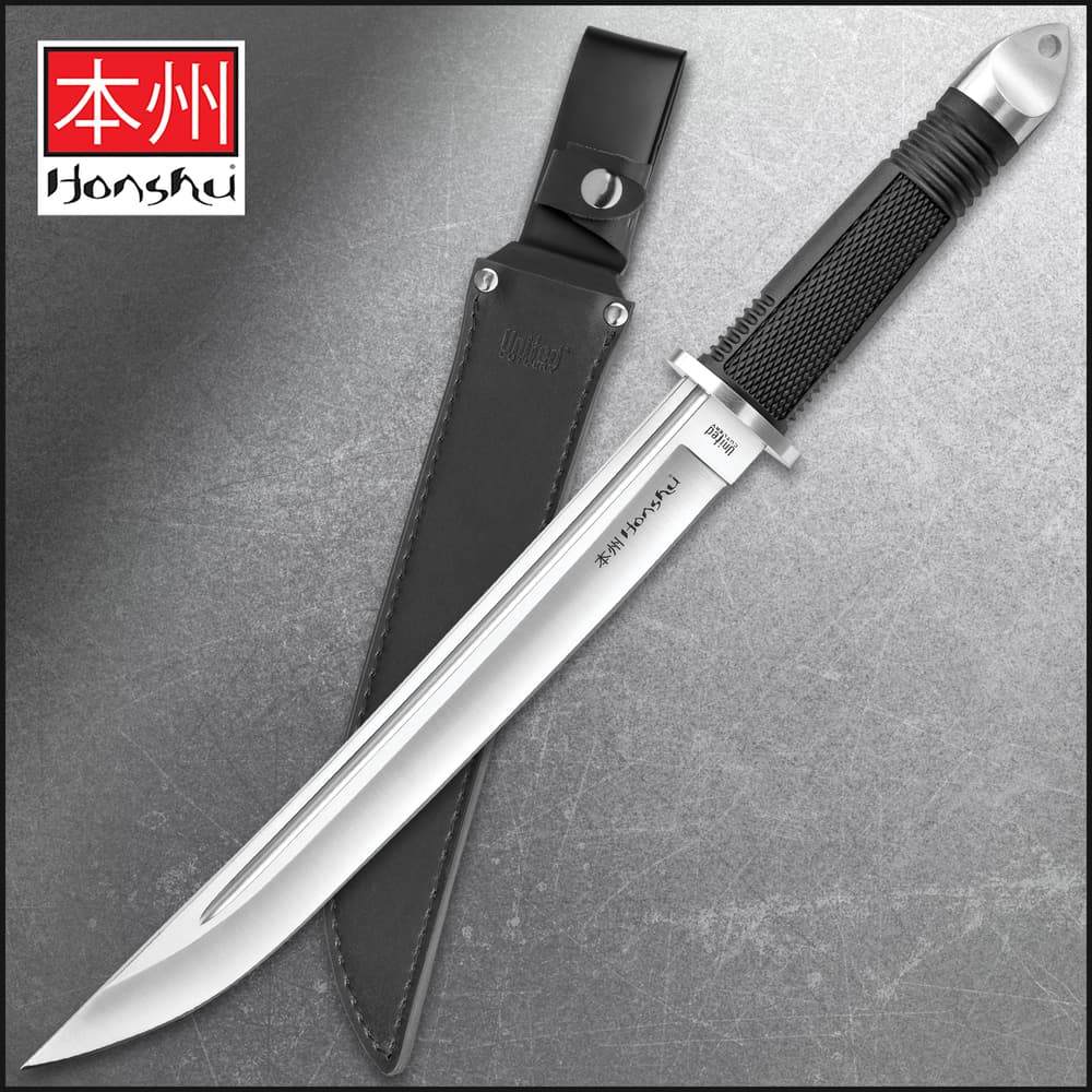 United Cutlery Honshu Tanto Knife has a stainless steel blade with blood groove and TPR grip, shown on a background of weapons. image number 0