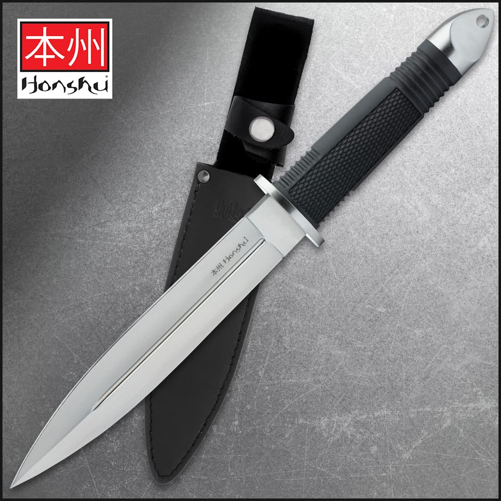 United Cutlery Honshu Fighter Knife has a 440A stainless steel blade and rubberized grip, shown on background of tactical gear. image number 0