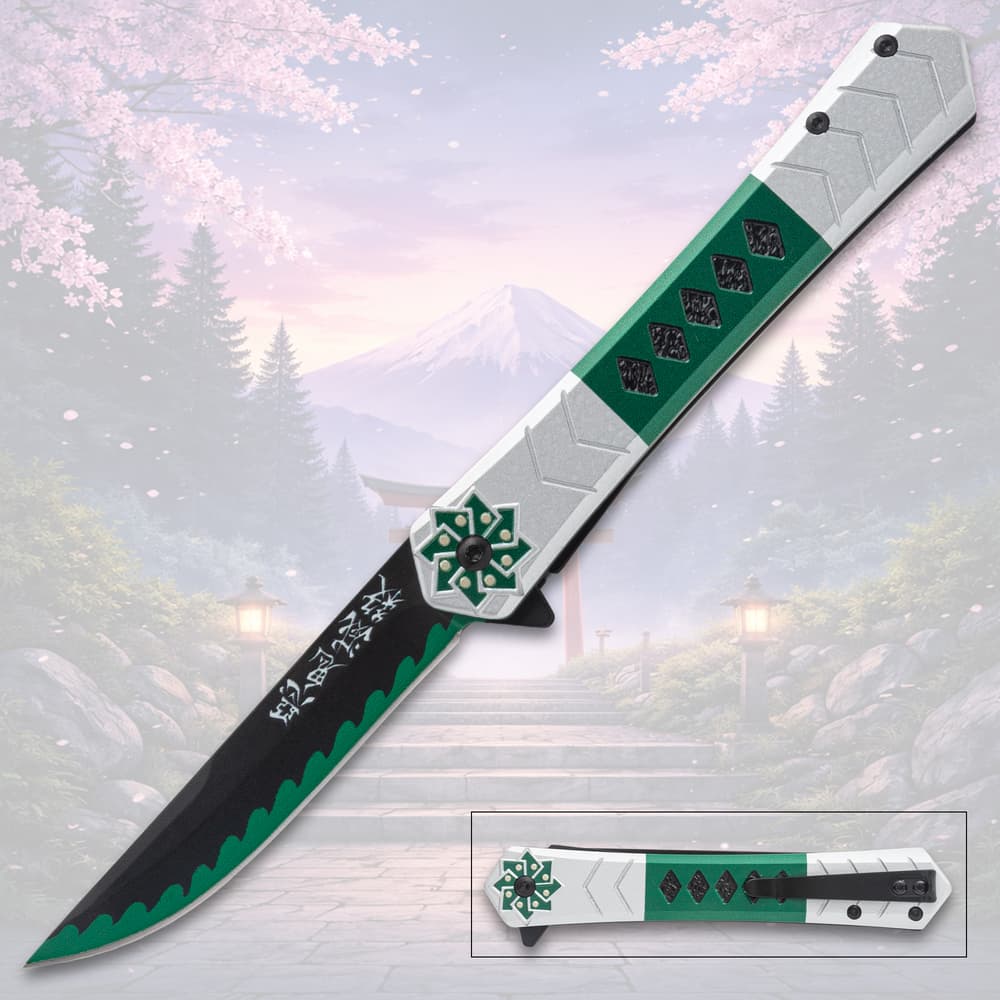 Decorative knife with green and silver handle, mountain background image number 0