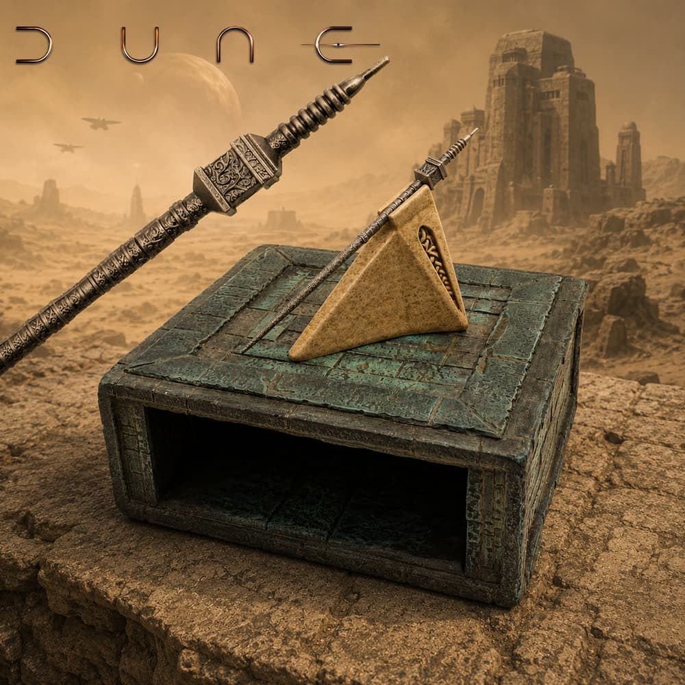 Futuristic landscape with a box and needle on a stone surface image number 0