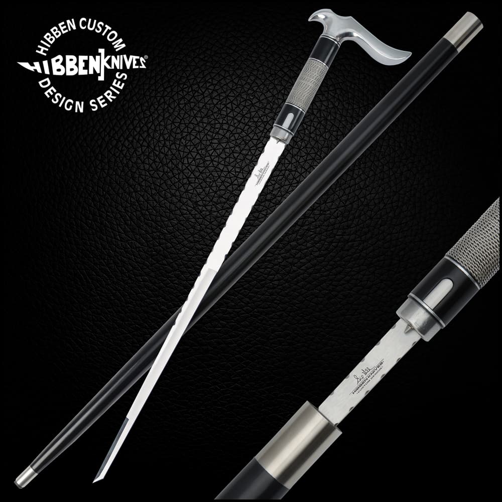 Gil Hibben custom hook sword cane shown atop scabbard and with detailed look at the handle adjacent to a photo of Gil Hibben. image number 0