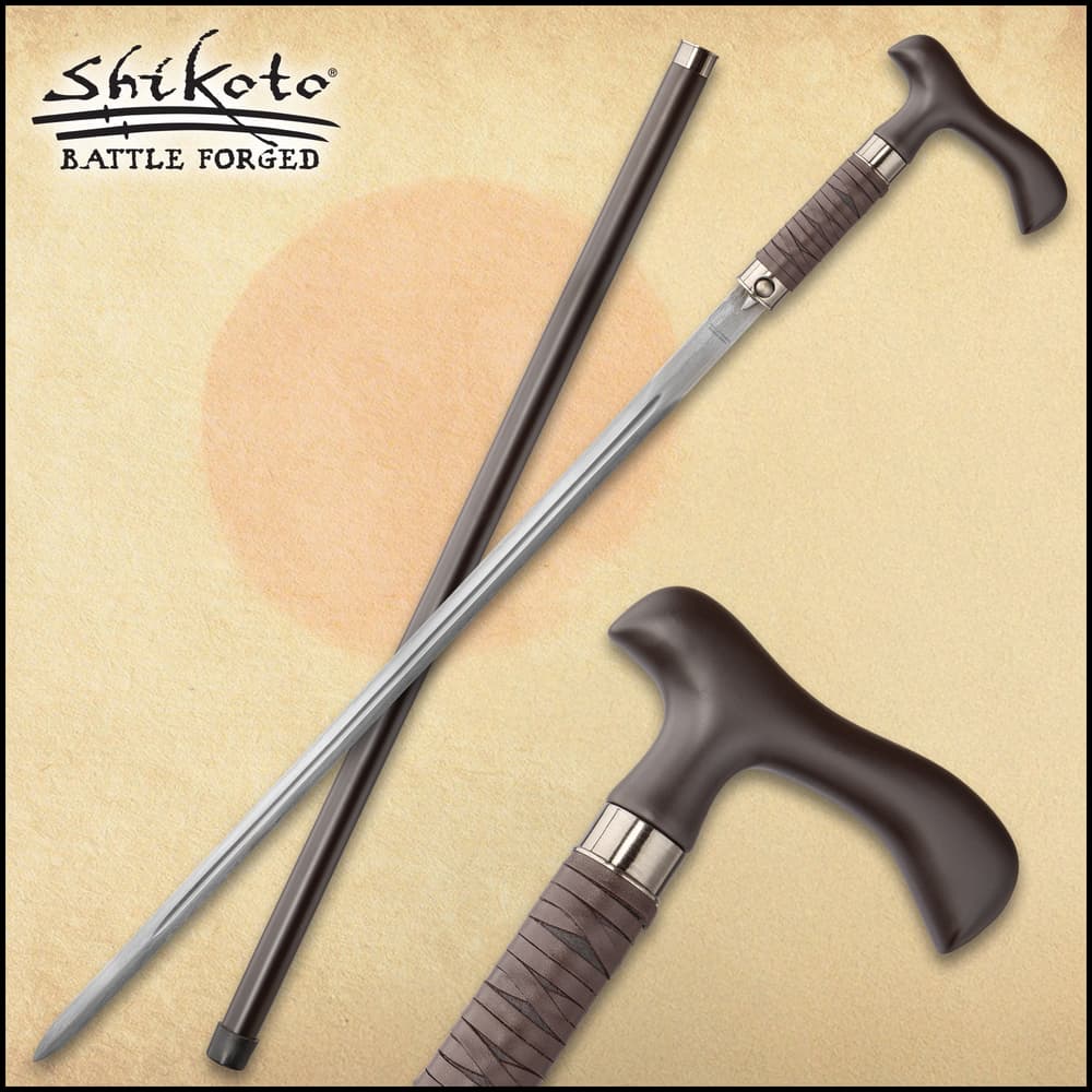 Shikoto sword cane has leather wrapped handle, matching with the cane scabbard. image number 0