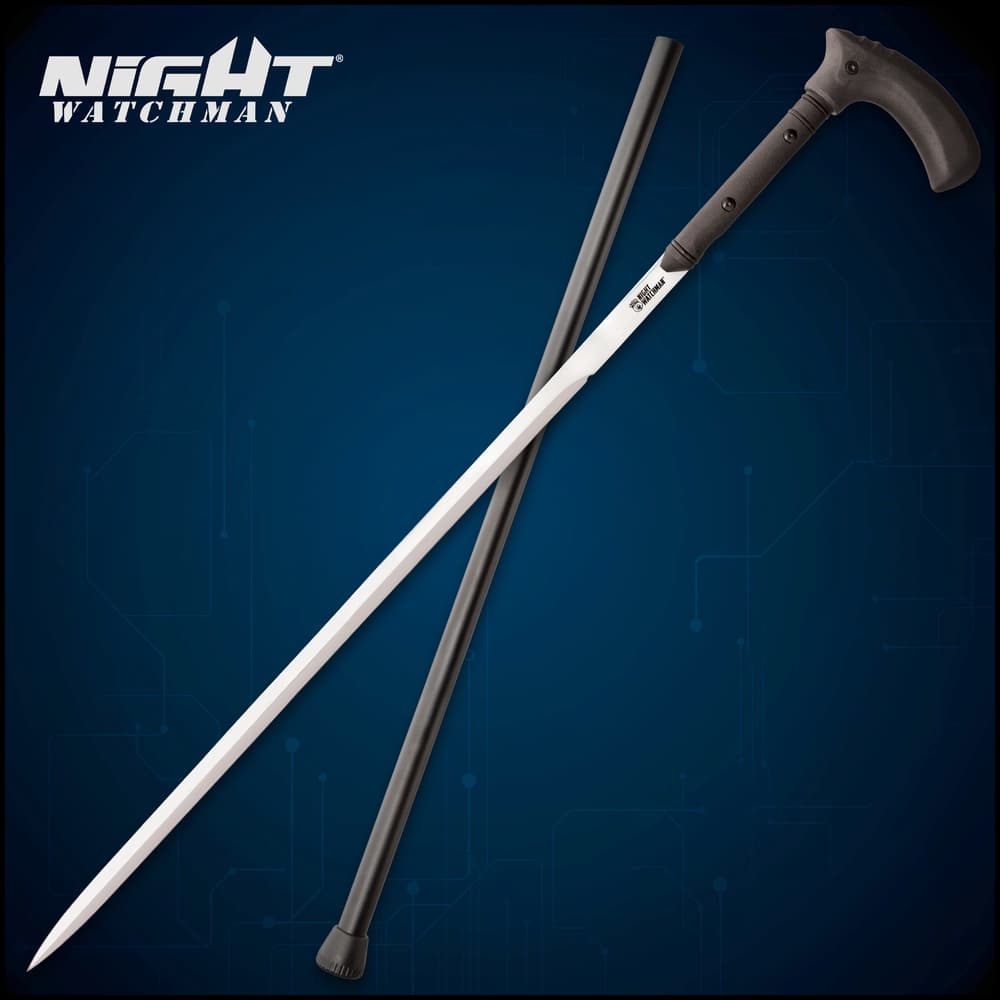 Night Watchman 1060 High Carbon Steel Sword Cane shown with both the blade out and in the cane shaft. image number 0