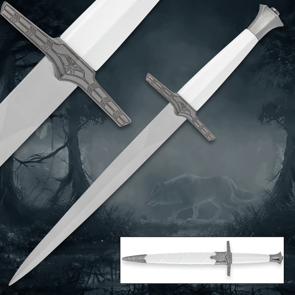 White sword with intricate hilt, wolf in background image number 0