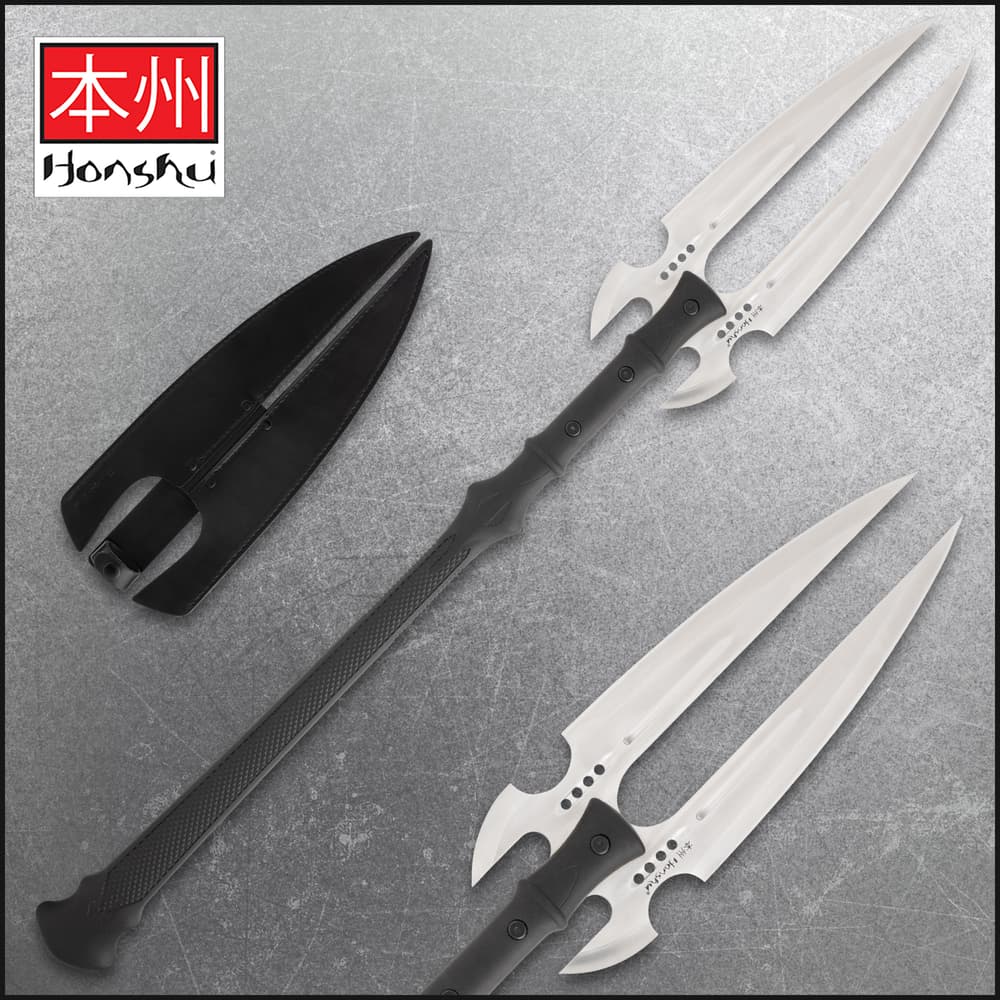Double-headed spear with sheath on textured surface image number 0