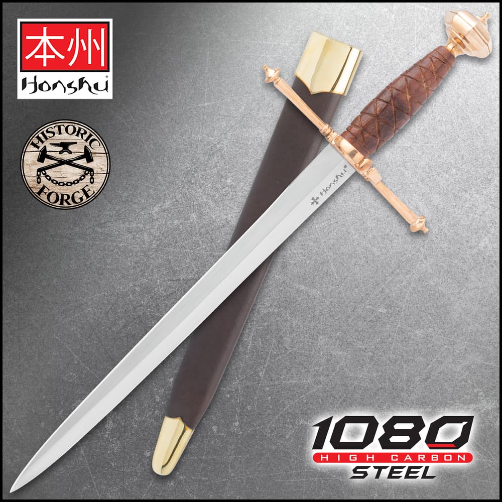 The Honshu Historic Forge Italian Dagger is shown both in and out of its sheath next to the “Honshu,” “Historic Forge,” and “1065 Carbon Steel” logos. image number 0