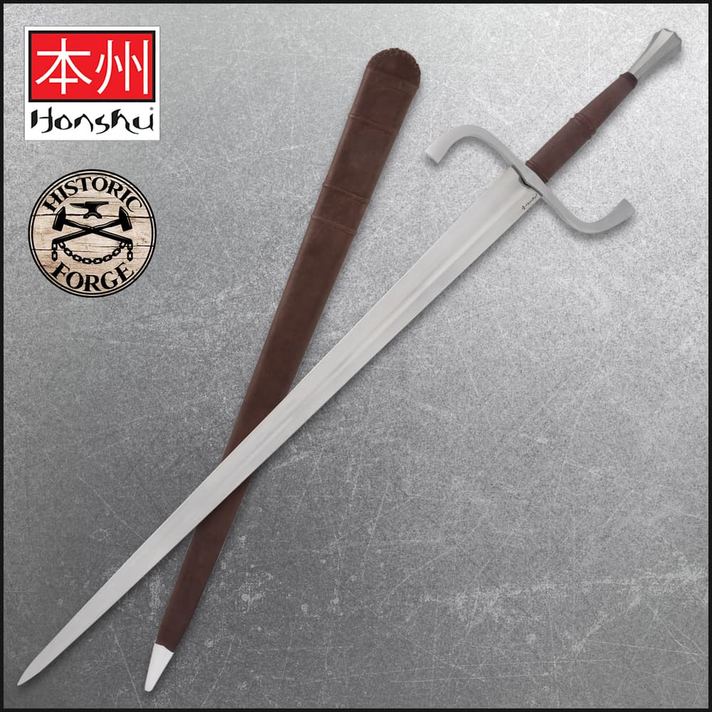 The Honshu Historic Forge German Long Sword is shown both in and out of its black leather sheath, next to images of the “Honshu,” “Historic Forge,” and “1065 Carbon Steel” logos. image number 0