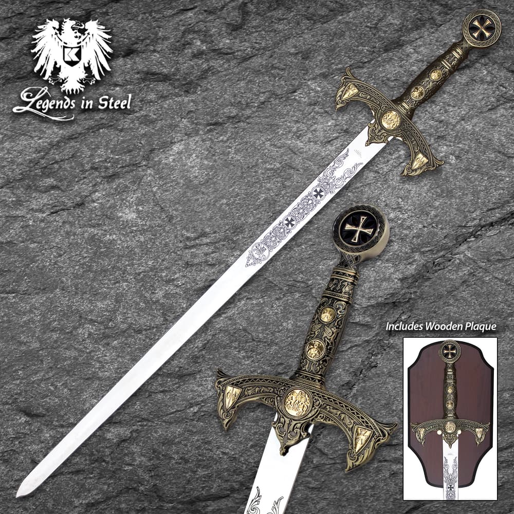 Decorative sword with ornate hilt and blade, includes wooden plaque image number 0