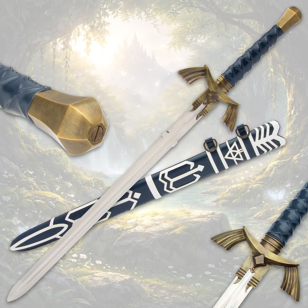 Fantasy sword with ornate hilt and scabbard in a mystical forest image number 0