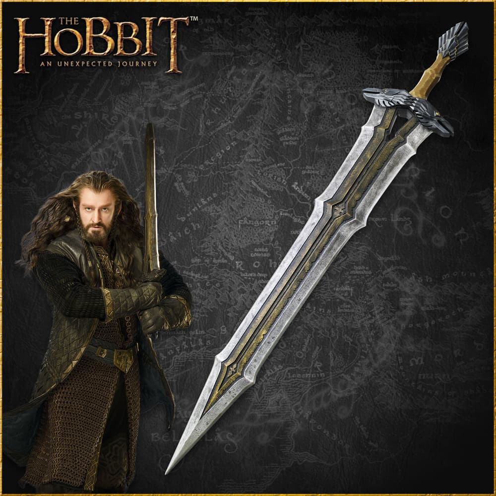 Character holding a sword with a map background image number 0