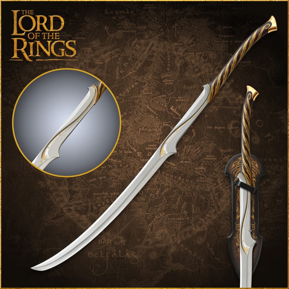 Curved sword with ornate handle on a map background image number 0