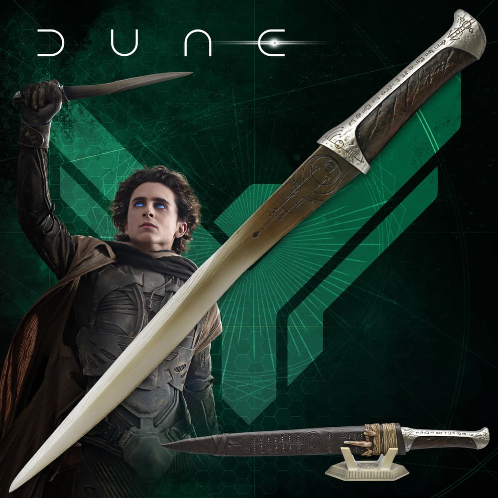 Character holding a sword with intricate design, Dune theme image number 0