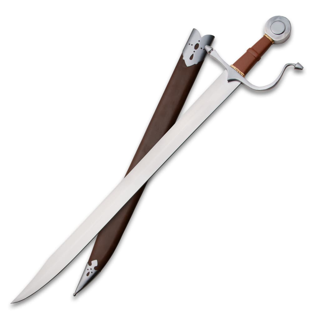 Sword with brown leather scabbard and ornate hilt image number 0