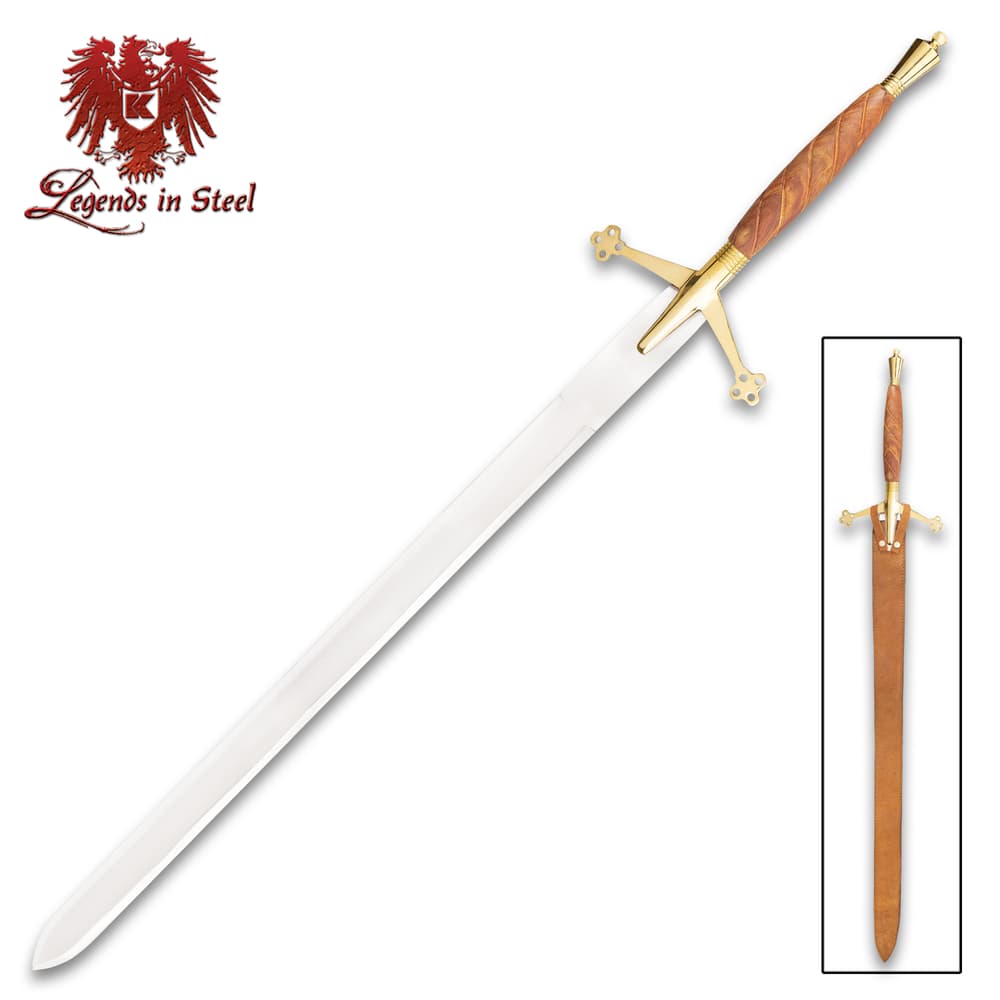 Sword with brass hilt and leather grip, labeled 'Legends in Steel' image number 0
