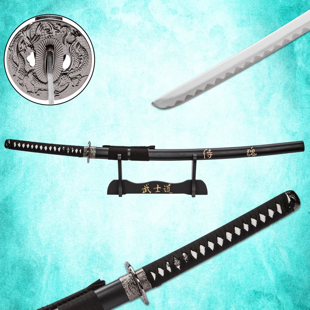 Katana sword with dragon-themed guard and black scabbard on a stand image number 0