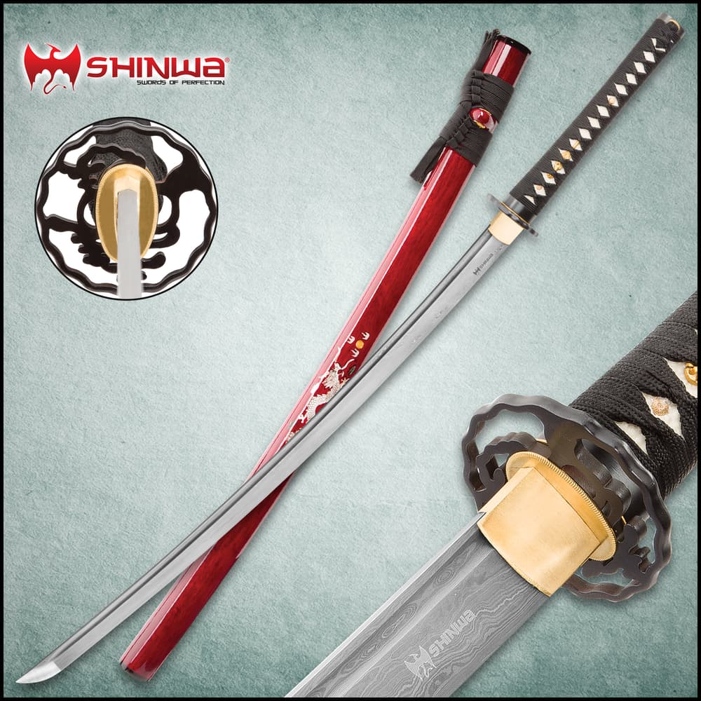 Shinwa Imperial Dragon katana shown from various views, including detailed shot of metal tsuba, red scabbard, and black cord wrapped handle. image number 0