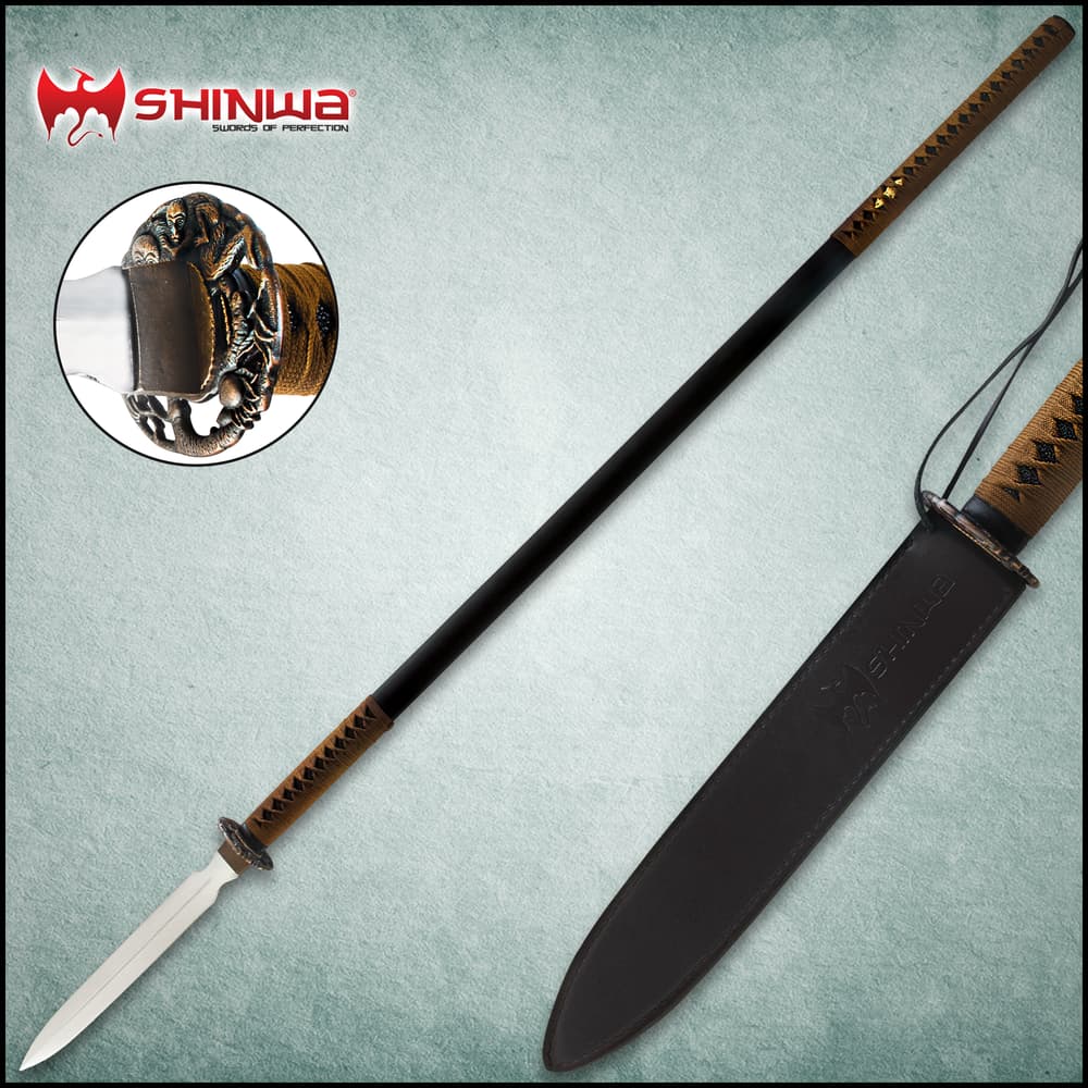 Shinwa Double Edged Warrior Spear shown with zoomed view of the carbon steel double edged blade and cord wrapped handle. image number 0