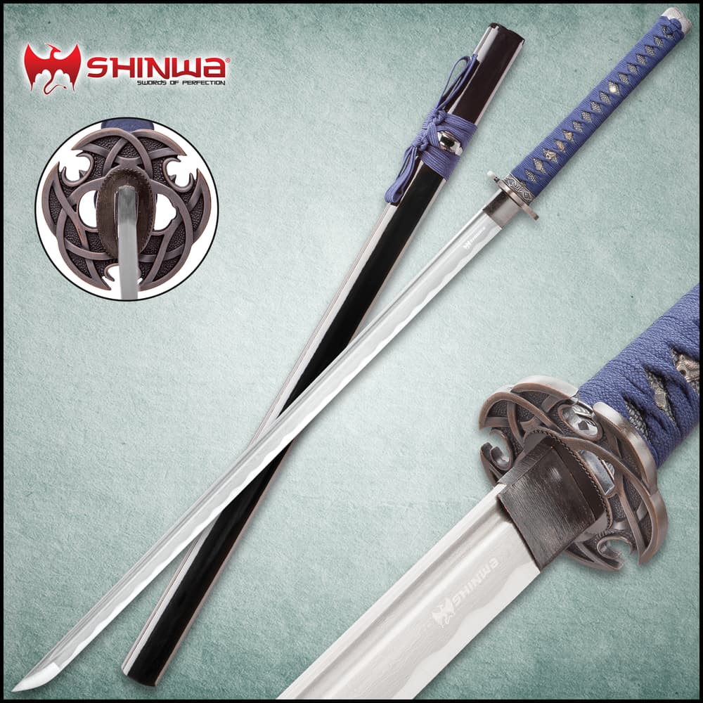 Shinwa Blue Knight katana shown from various views, with detailed look at ornate guard, detailed pommel and black lacquered scabbard. image number 0