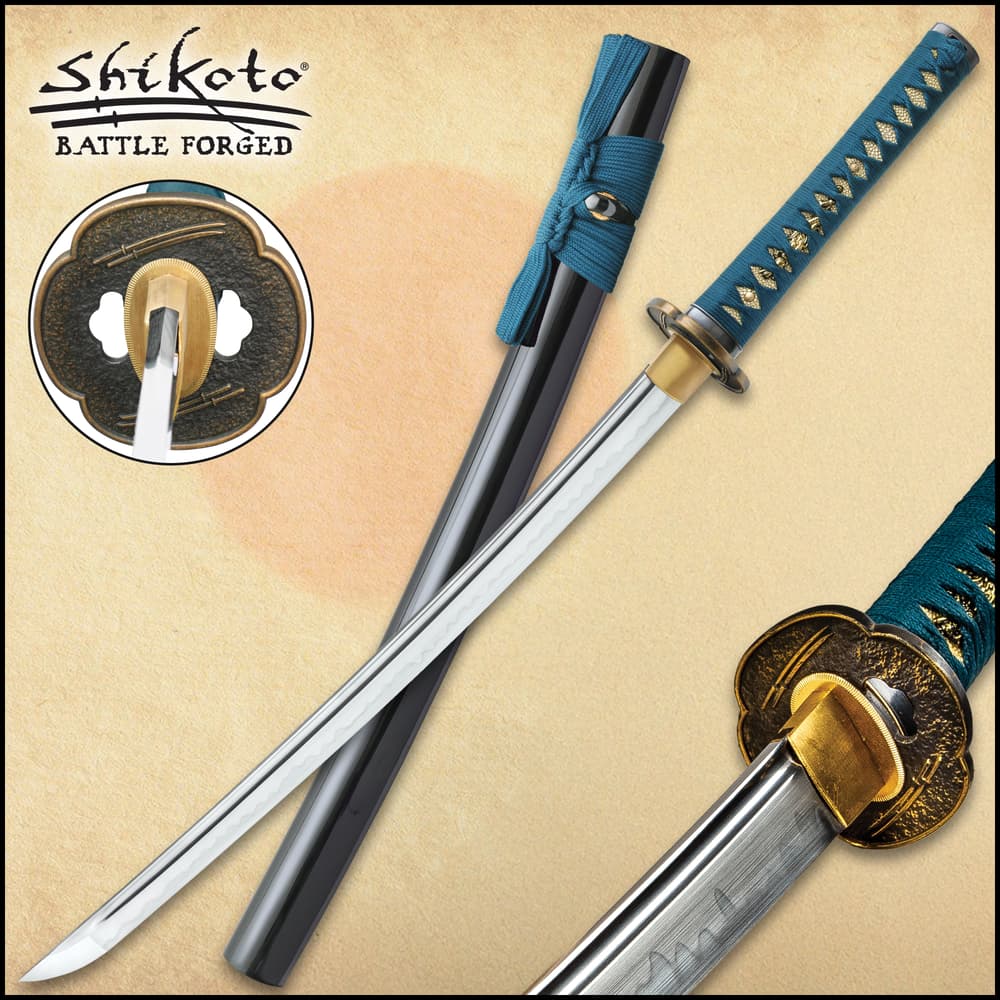 Shikoto Hammer-Forged Longquan Master Teal Wakizashi Sword - 1060 High Carbon Steel Blade, Tea-Dyed Rayskin, Brass Tsuba, Wooden Scabbard image number 0