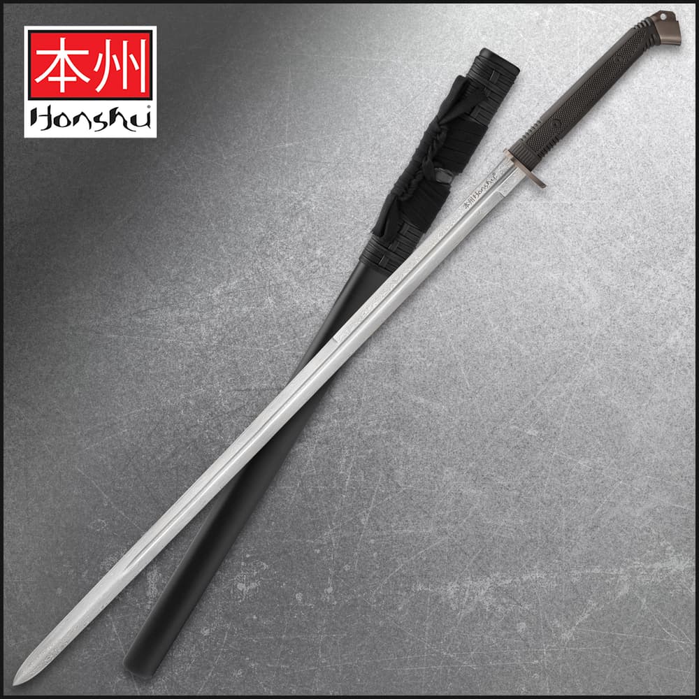 Honshu Boshin Damascus Double Edge Sword With Scabbard - Damascus Steel Blade, TPR Textured Handle, Stainless Guard And Pommel - Length 40 13/16” image number 0