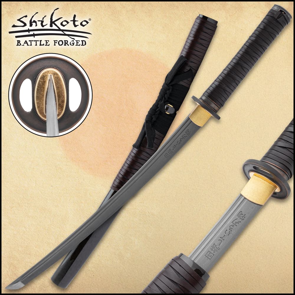 Shikoto Rurousha Wakizashi shown from three angles with views of the engraved kanji on the blade, blade tip, and tsuba. image number 0