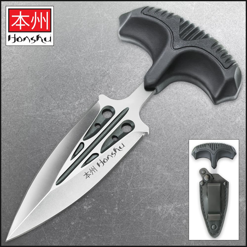 Honshu Large Covert Defense Push Dagger And Sheath - 7Cr13 Stainless Steel Blade, Molded TPR Handle - Length 5 7/8” image number 0