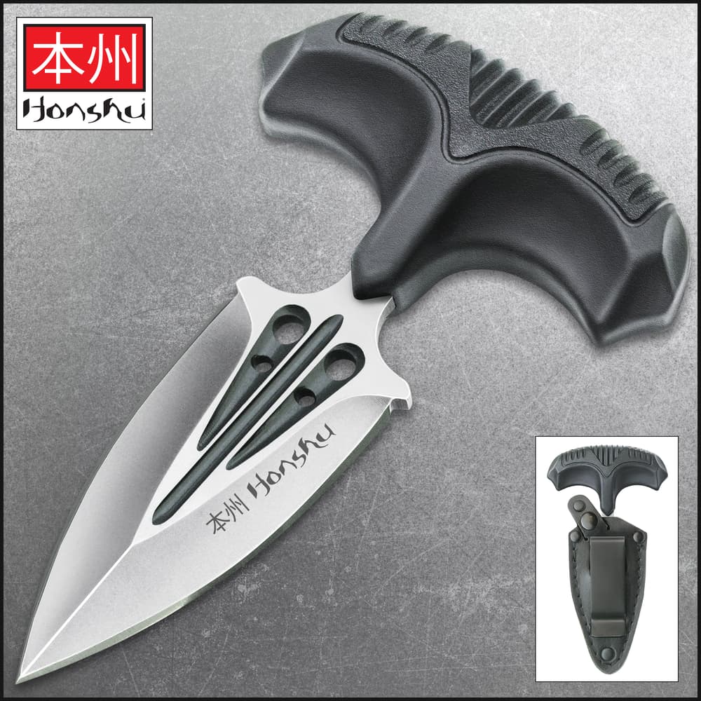 Honshu Small Covert Defense Push Dagger And Sheath - 7Cr13 Stainless Steel Blade, Molded TPR Handle - Length 4 3/4&rdquo; image number 0