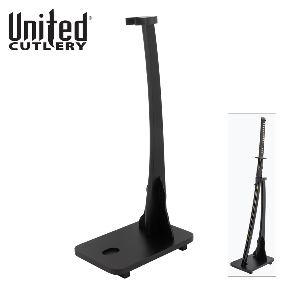 Black sword display stand with logo and inset image of sword image number 0