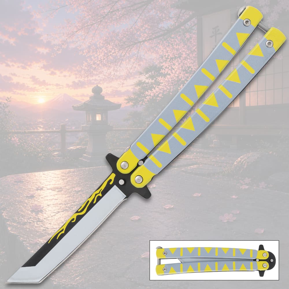 Butterfly knife with yellow and gray handle, scenic background image number 0