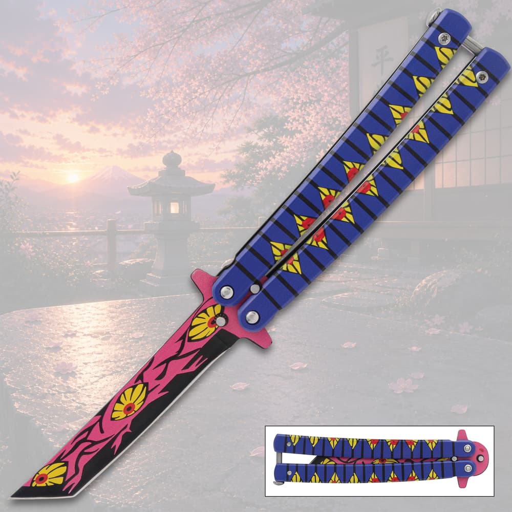 Colorful butterfly knife with floral design, sunset background image number 0