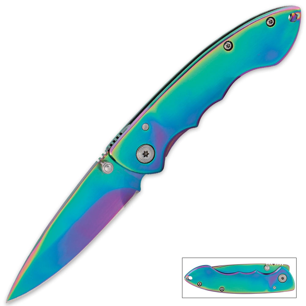 Rainbow Oil Slick Frame Lock Skulls Thumb Stud Pocket Knife Tip Up Carry