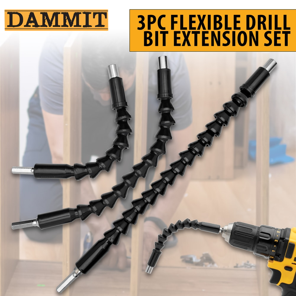 Dammit Tools Three-Piece Flexible Drill Bit Extension Set - Steel Wire With  Flexible Plastic Cover - Lengths 11 4/5, 9 4/5, 7 4/5
