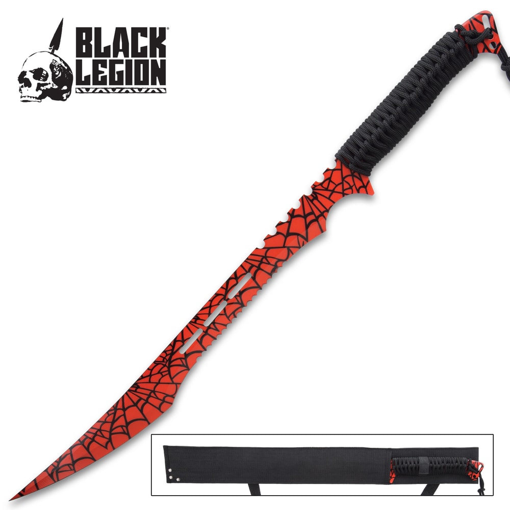 Black Legion Red Widow Ninja Sword With Sheath - Stainless Steel  Construction, Partially Serrated, Cord-Wrapped Handle - Length 27