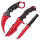 The Red Fury Triple Set includes a threesome of knives including a karambit, a military fixed blade and a huntsman fixed blade