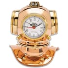 Diver Helmet Three Dialed World Table Clock - High-Quality Copper And Brass Construction, Roman Numerals - Dimensions 8 1/2”x 7 3/4”x 6 1/2”