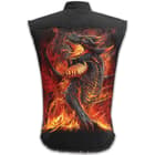 Original, vivid fiery dragon artwork with intricate details that is printed on both the back and front of the shirt