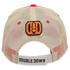 Double Down Big Pecker Trucker Cap has an embroidered Double Down logo, as well as “Double Down” spelled out on the adjustable Velcro strap