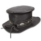 Hard Rockin Black Leather Top Hat - Genuine Leather, Removable Hatband, Metal Medallion Accents - Diameter 13”