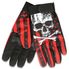 The Red Skull And Crossbones Mechanic’s Gloves can be fastened by an adjustable closure and feature a sublimated design of a skull and crossbones on a red background