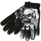 The Assassin Skull and Pistol Mechanic’s Gloves can be fastened by an adjustable closure and feature a sublimated design of an assassin skull pointing a smoking pistol